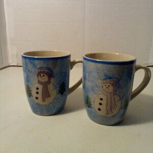 Alco Mug Snowman Christmas Holiday Blue White Lot of 2